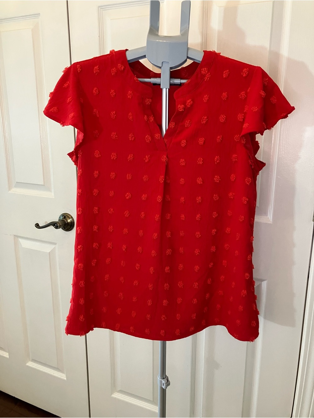 Women's Red Flutter Sleeve Textured Blouse